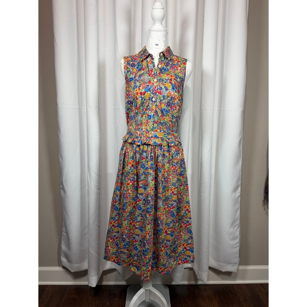 J.Crew Liberty Fabric Floral Sleeveless Midi Dress Ruffle Waist Multi Color 4